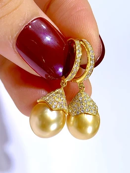Филиппинские Золотые жемчужные серьги Nanyang из натурального Толстого золота с морским жемчугом и капельками воды Овальные Серьги с бриллиантами из золота 18 карат