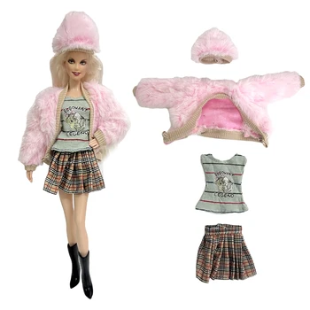 1 Комплект одежды для куклы Барби 1/6 Розовое плюшевое пальто, топ, брюки, шляпа, повседневная одежда для 11,8-дюймовой куклы BJD, игрушка, подарок для девочки, платье