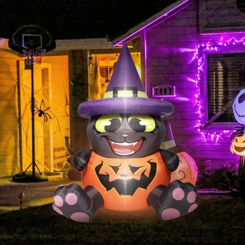 180-сантиметровая 6-футовая надувная тыква для Хэллоуина, украшение для сада на открытом воздухе, надувные игрушки в виде серых кошачьих шляп со встроенными светодиодными лампочками в подарок