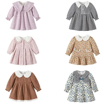 2023 Ins/ Весенне-осеннее платье для маленьких девочек, хлопковое платье с длинными рукавами и рюшами в винтажном стиле с цветочным рисунком, платье для маленьких девочек, одежда для маленьких девочек