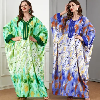 2023 Женское платье Фараша с цветочным принтом, мусульманский Свободный кафтан-абайя, халат с рукавом 