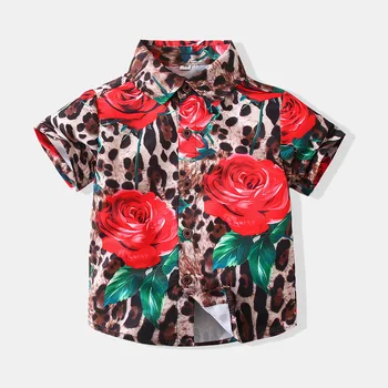 2023 Новая высококачественная детская рубашка с леопардовым принтом и розами, короткий рукав, Топ для мальчиков, рекламный бренд детской одежды LM8530