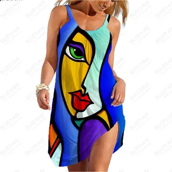 2023 Новая Гавайская мода, Короткая юбка, Женская Свободная Сексуальная рубашка с круглым вырезом, Летнее платье на бретельках с абстрактным рисунком, мода для 3D-печати.