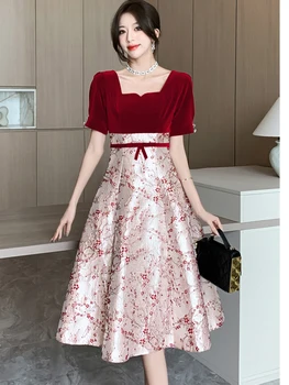 2023 Новое жаккардовое длинное платье из красного атласа в стиле пэчворк с цветочным рисунком, летнее шикарное платье с квадратным воротником, роскошная одежда для выпускного вечера, женское элегантное вечернее платье
