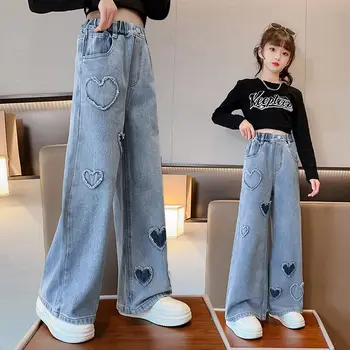 2023 Новые повседневные джинсы для девочек, весна-лето, джинсовая ткань для маленьких девочек, широкие джинсы, детская верхняя одежда, длинные брюки, одежда для девочек-подростков