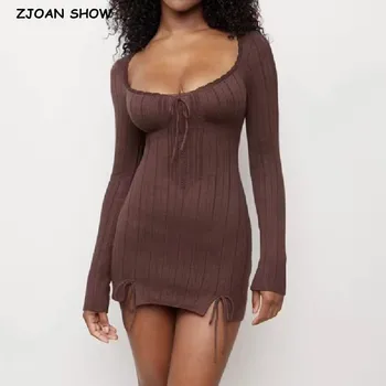 2023 Сексуальное сплайсированное кружевное мини-платье с круглым вырезом и низкой грудью, вязаный пакет для бедер, женское мини-платье с разрезом на подоле, с открытой спиной, халат с длинным рукавом