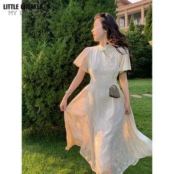 2023 Французская фея, Новое Китайское улучшенное женское летнее платье Qipao Cheongsam с расклешенными рукавами, кружевное платье в стиле ретро Slim Fit
