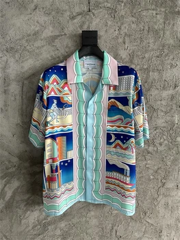 23SS 23SS Новый стиль
 Шелковая рубашка Casablanca в стиле пэчворк Для мужчин и женщин 1: 1 Новые Гавайские пляжные рубашки с коротким рукавом Готический