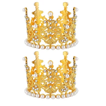 2шт Мини-корона для торта с жемчугом и стразами Королева Принцесса Тиара Корона для украшения торта на День Рождения Свадьбу