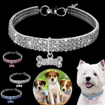 3 ряда эластичного ожерелья со стразами для домашних животных, собачьей цепи, кошачьего хрустального ошейника, товаров для домашних животных, ювелирной бирки для маленьких собак.