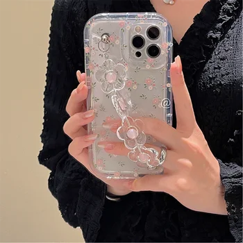 3D цепочка для телефона с милым цветком на запястье, мягкий чехол для телефона для iphone 14 12 13 11 Pro Max Plus, новый защитный чехол для прозрачных линз с розовым цветком