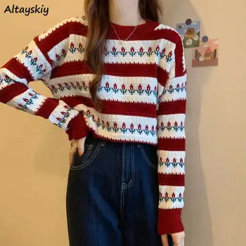 5 цветов, женские пуловеры в полоску, милые универсальные студенческие свитера в японском стиле, Свободный осенний Новый модный нежный О-образный вырез