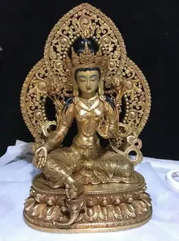 50 СМ Тибетская Коллекция Жертвоприношений Изысканный Роскошный Будда Светлый Двойной Лотос Платформа Зеленая Статуя Тары