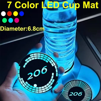 7 Красочных интеллектуальных светодиодных подстилок для чашек, автомобильных подставок для воды с эмблемой Peugeot 206, держателей для напитков, USB-подсветки атмосферы для зарядки