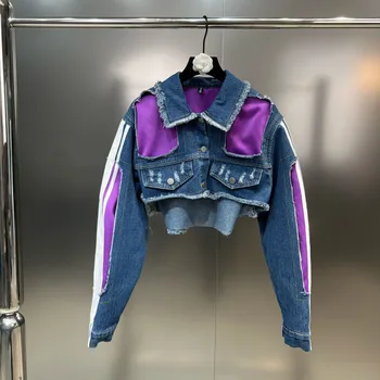 BORVEMAYS Контрастные цвета, джинсовая куртка в стиле пэчворк, индивидуальность, Уличные женщины, Однобортное осеннее новое пальто с лацканами WZ5894