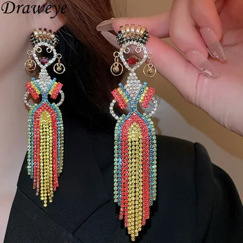 Draweye, Разноцветные серьги с длинными кисточками из Рехинастоуна для женщин, Винтажные изысканные украшения, Корейская мода, Элегантные подвески
