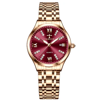 Fashion Red Rose Gold Steel Elegant Ladies Watch Waterproof часы женские наручные from China Watch factory TRSOYE + Box