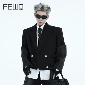 FEWQ Slim, Новый мужской костюм 2023, Новый осенний дизайн с двойным рукавом, темная одежда, короткая куртка, Однотонные Модные мужские топы 24X1441
