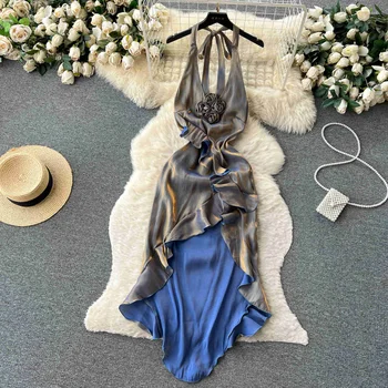 Foamlina, сексуальное летнее женское платье без рукавов со шнуровкой на шее, Элегантное платье с оборками на спине, длинное платье для клубной вечеринки неправильной формы