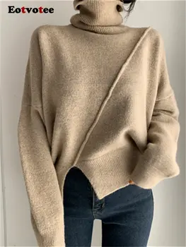 Fotvotee Свитер с высоким воротом для женщин 2023, Новый модный осенне-зимний пуловер с разрезом и длинным рукавом, повседневные винтажные вязаные джемперы
