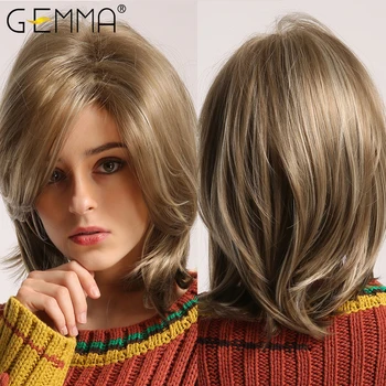 GEMMA Светло-коричневый парик с челкой, короткая Прямая Боковая часть, Синтетические парики, женские Термостойкие Натуральные Повседневные волосы