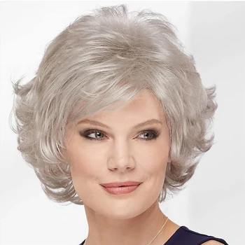 HAIRJOY Короткий Серебристо-серый Парик для женщин, Парики из синтетических волос с челкой, Натуральная Вьющаяся прическа