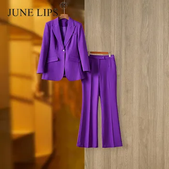 JUNE LIPS 2023, высококачественный фиолетовый блейзер, брюки из двух частей, вышитые бисером, комплект из двух частей