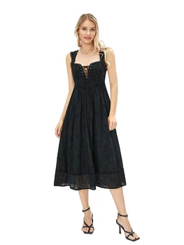 Louatui, Женские платья Миди, Летнее платье на бретельках, Черное платье без рукавов с цветочным узором, Пляжное платье с повязкой