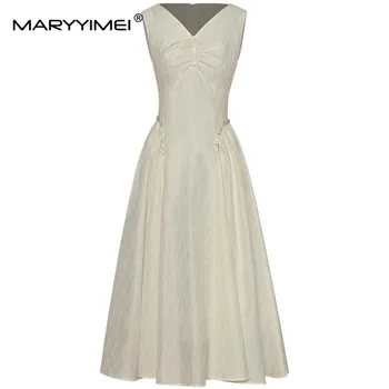 MARYYIMEI Модное дизайнерское женское Летнее платье, расшитое бисером, с V-образным вырезом, Без рукавов, на талии, с украшением в виде кристаллов, Жаккардовые Элегантные Платья Миди