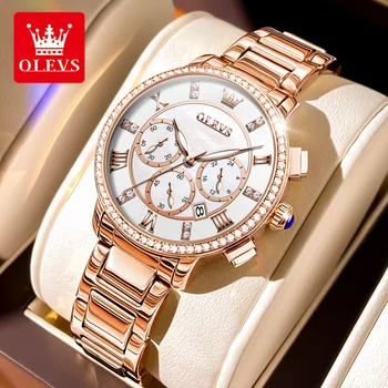 OLEVS Элегантные кварцевые женские часы из розового золота, нержавеющей стали, женские наручные часы с хронографом, водонепроницаемые женские часы с бриллиантовым циферблатом