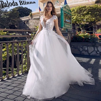 Paloda Блестящие Свадебные платья с аппликацией на спине Для невесты, Тюль с V-образным вырезом, Короткие рукава, Шлейф на молнии, Vestidos De Novia