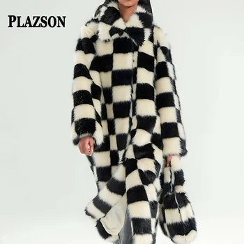 PLAZSON Женская Модная Шахматная Шуба X-long 2023, Зимняя Новая верхняя одежда, имитация шерсти кролика Рекс, Длинное пальто выше колена, женское