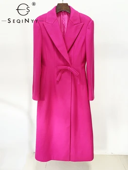 SEQINYY Элегантное Длинное пальто Осень Зима, Новый модный дизайн, Женская взлетно-посадочная полоса, Фиолетовый, красный бант, тонкая офисная леди, высокое качество