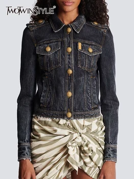 TWOTWINSTYLE Джинсовые винтажные куртки для женщин с лацканами и длинным рукавом в стиле пэчворк, однобортная повседневная свободная куртка, женская мода 2023 г.