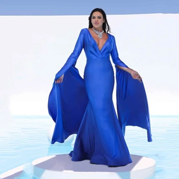 UZN, современные синие платья для выпускного вечера в стиле Русалки с глубоким V-образным вырезом и рукавами-Доломанами, вечернее платье, атласные платья для вечеринок в Саудовской Аравии Нестандартного размера