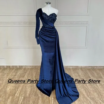 Weilinsha, темно-синие велюровые вечерние платья для женщин, длинные рукава, аппликация из жемчуга в виде сердечка, шлейф, Русалка, вечернее платье для выпускного вечера