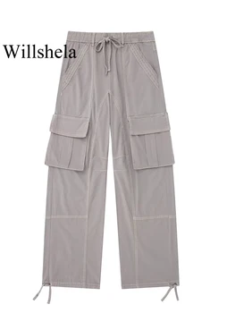 Willshela Женские модные брюки-карго с карманами, серые брюки-карго на шнуровке, винтажные женские брюки с высокой талией, полной длины, Шикарные Женские брюки