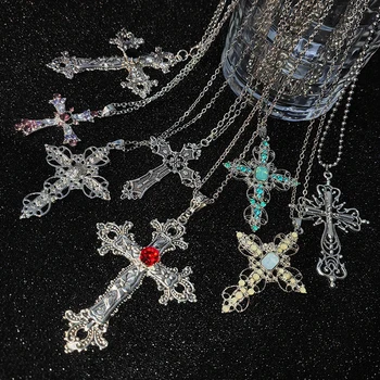Y2K, панк-хрустальные ожерелья с большим крестом для женщин, мужчин, Готические ожерелья с неправильной цепочкой на ключицах, эстетические украшения