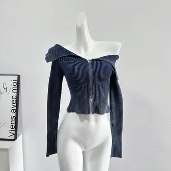 Y2K Стильный уличный Сексуальный свитер для женщин, эстетичный кардиган с открытыми плечами и отворотом, Винтажный кардиган, Вязаный дизайн, Женский Новый топ