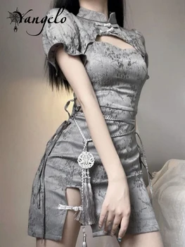 Yangelo Новое китайское платье Чонсам Женское платье с разрезным воротником-стойкой и коротким рукавом в стиле панк, летнее облегающее мини-платье