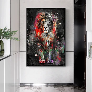 Абстрактный Дикий лев, граффити, картина на холсте, красочные беспорядочные линии, печать плаката с животными, настенное художественное изображение для домашнего декора гостиной