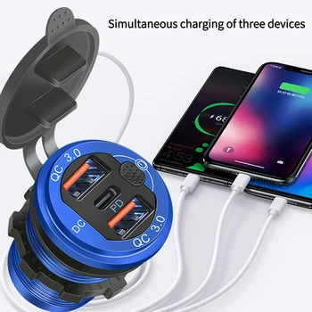 Автомобильное зарядное устройство USB с двойным быстрым зарядным устройством QC3.0 + PD, 3 порта USB, розетка для зарядного устройства для телефона, Адаптер питания с переключателем, автомобильные электроприборы