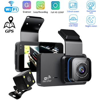 Автомобильный видеорегистратор WiFi GPS 1296P Full HD с двумя камерами, видеорегистратор заднего вида, Видеорегистратор для вождения, монитор автоматической парковки ночного видения, Черный ящик