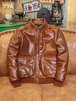 Американская винтажная мужская кожаная куртка-пилот с вышивкой, куртка-бомбер из натуральной кожи, масло, воск, воловья кожа, зимнее байкерское пальто с подкладкой