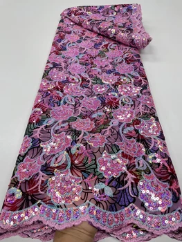 Африканская ткань Woman 2023 5 ярдов Кружева Вышивка Тюль Вечернее Свадебное платье с блестками Французская сетка Высококачественная Черная Нигерийская сетка