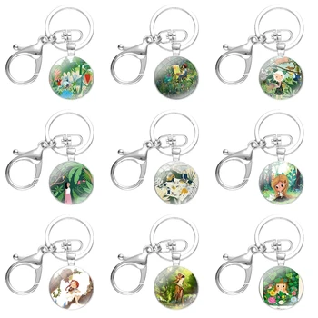 Брелки с изображением мультяшных животных и зеленым растительным узором из стеклянных кабошонов ручной работы, сплавы для ключей, кольца для ключей
