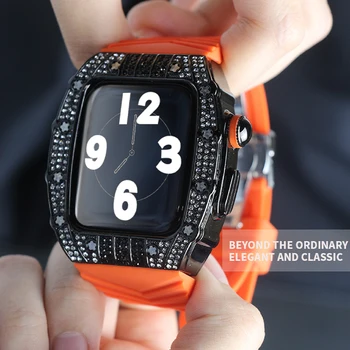 Бриллиантовый Чехол Для Apple Watch 9 8 7 SE 44 мм Роскошный Комплект Бизнес-модификации Для iWatch Серии 45 мм Спортивная Резинка Металлический Безель