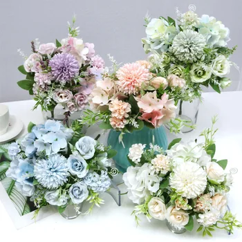 Букет многоцветных искусственных роз, красивый искусственный цветок, гортензия, букет искусственных растений из шелка, семейное свадебное украшение