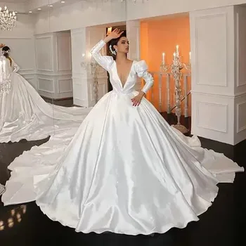Великолепное бальное платье принцессы Дубая с длинными рукавами Свадебные платья со шлейфом в часовне с V образным вырезом и открытой спиной из атласа Саудовской Аравии Vestidos De Boda
