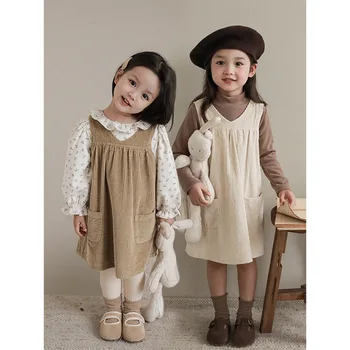 Вельветовое платье в полоску для девочек, свободное детское Корейское повседневное платье на подтяжках, весна-осень 2023, новая одежда